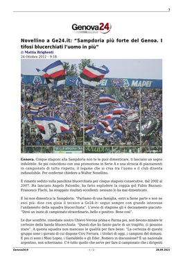 Novellino a Ge24.It: “Sampdoria Più Forte Del Genoa. I Tifosi Blucerchiati L’Uomo in Più” Di Mattia Brighenti 24 Ottobre 2012 – 9:18
