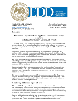 Governor Lujan Grisham Applauds Economic Security Measures Initiatives Will Support Lasting Job Growth