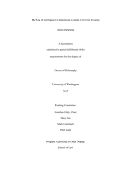 The Use of Intelligence in Indonesian Counter-Terrorism Policing Amira Paripurna a Dissertation Submitted in Partial Fulfillment