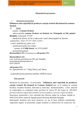 Înființarea Unei Capacități De Producere Energie Termică Din Biomasă În Comuna Siculeni, Județul Harghita 2019