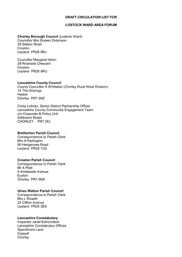 DRAFT CIRCULATION LIST for LOSTOCK WARD AREA FORUM Chorley Borough Council (Lostock Ward) Councillor Mrs Doreen Dickinson 39