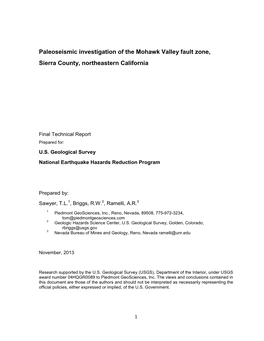 Paleoseismic Investigation of the Mohawk Valley Fault Zone, Sierra County, Northeastern California