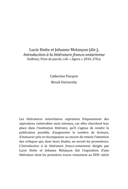 Lucie Hotte Et Johanne Melançon (Dir.), Introduction À La Littérature Franco-Ontarienne Sudbury, Prise De Parole, Coll