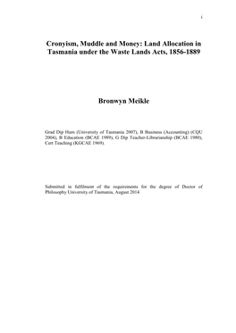 Land Allocation in Tasmania Under the Waste Lands Acts, 1856-1889