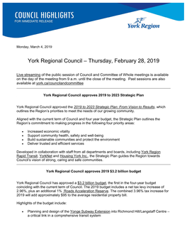 York Regional Council – Thursday, February 28, 2019