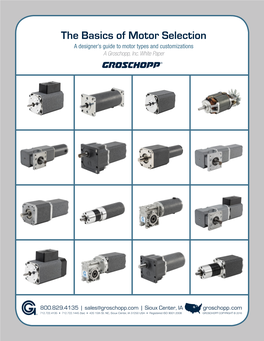 The Basics of Motor Selection the Basics of Motor Selection a Designer’S Guide to Motor Types and Customizations a Groschopp, Inc