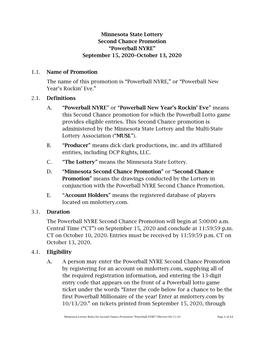 Minnesota State Lottery Second Chance Promotion “Powerball NYRE” September 15, 2020–October 13, 2020