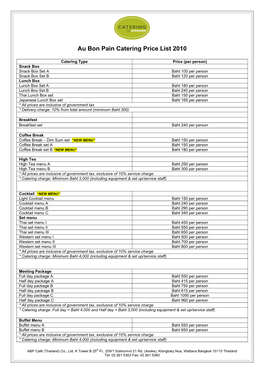 Au Bon Pain Catering Price List 2010