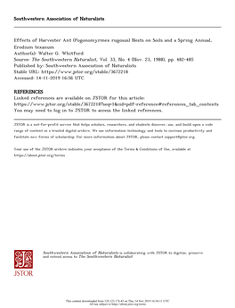 Pogonomyrmex Rugosus) Nests on Soils and a Spring Annual, Erodium Texanum Author(S): Walter G