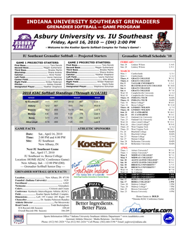 Asbury University Vs. IU Southeast Friday, April 16, 2010 — (DH) 2:00 PM