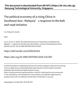 The Political Economy of a Rising China in Southeast Asia : Malaysia’S Response to the Belt and Road Initiative