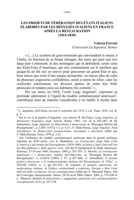 Les Projets De Fédération Des États Italiens Élaborés Par Les Réfugiés Italiens En France Après La Restauration (1814-1830)