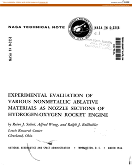 Experimental Evaluation of Various Nonmetallic Ablative Materials As Nozzle Sections of Hydrogen-Oxygen Rocket Engine