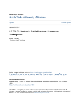 LIT 520.01: Seminar in British Literature - Uncommon Shakespeares