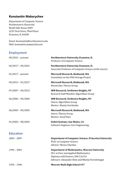 Konstantin Makarychev Employment Education
