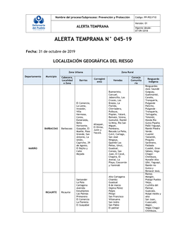 AT N° 045-19 NAR-Barbacoas, Ricaurte, Tumaco