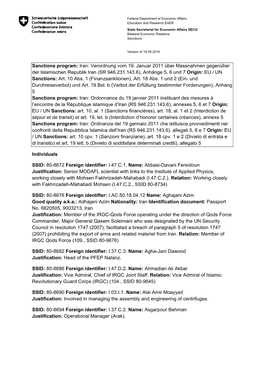 Sanctions Program: Iran: Verordnung Vom 19. Januar 2011 Über