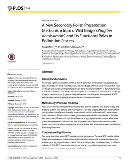 A New Secondary Pollen Presentation Mechanism from a Wild Ginger (Zingiber Densissimum) and Its Functional Roles in Pollination Process