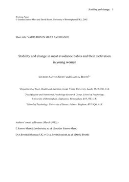 Stability and Change in Meat Avoidance Habits and Their Motivation in Young Women