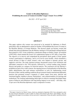 Gender in Brazilian Diplomacy: Prohibiting the Access of Women in Getúlio Vargas’ Estado Novo (1938).1