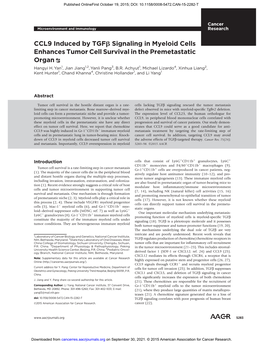 CCL9 Induced by Tgfb Signaling in Myeloid Cells Enhances Tumor Cell Survival in the Premetastatic Organ Hangyi H