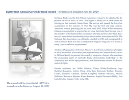 Eighteenth Annual Gertrude Rush Award – Nomination Deadline July 30, 2020