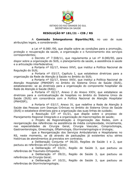 RESOLUÇÃO Nº 181/21 – CIB / RS a Comissão