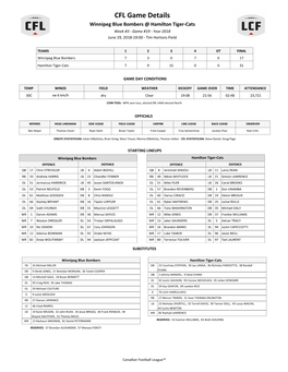 CFL Game Details Winnipeg Blue Bombers @ Hamilton Tiger-Cats Week #3 - Game #19 - Year 2018 June 29, 2018-19:00 - Tim Hortons Field