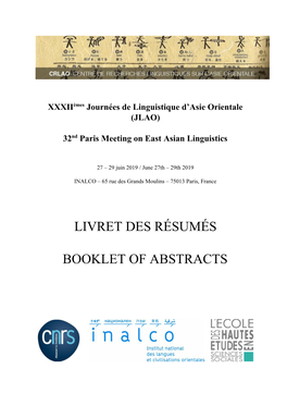 Livret Des Résumés Booklet of Abstracts