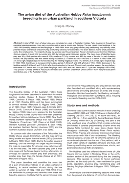 The Avian Diet of the Australian Hobby Falco Longipennis Breeding in an Urban Parkland in Southern Victoria