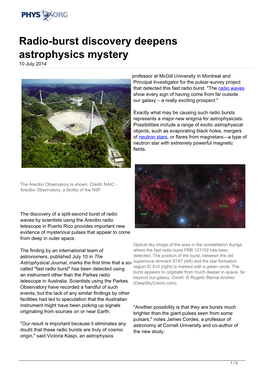Radio-Burst Discovery Deepens Astrophysics Mystery 10 July 2014