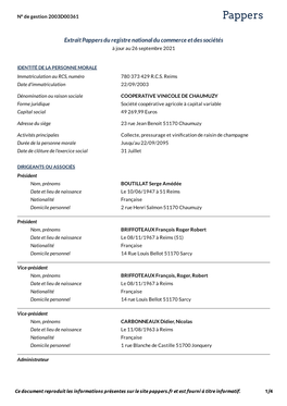 Extrait Pappers Du Registre National Du Commerce Et Des Sociétés a Jour Au 26 Septembre 2021