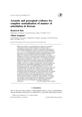 Acoustic and Perceptual Evidence for Complete Neutralization of Manner of Articulation in Korean