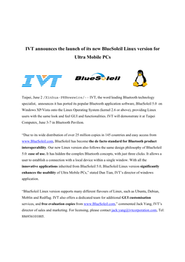 IVT Announces the Launch of Its New Bluesoleil Linux Version for Ultra Mobile Pcs