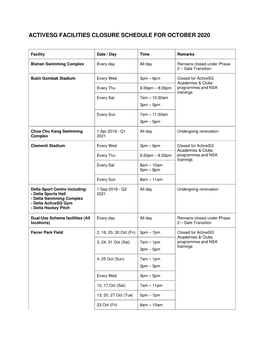 Activesg Facilities Closure Schedule for October 2020