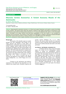 Musculus Cervicis Accessorius: a Variant Accessory Muscle of the Axiomuscles Dr