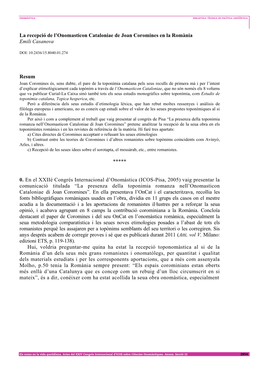 La Recepció De L'onomasticon Cataloniae De Joan Coromines En