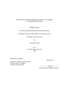 THE RISE of RELIGIOUS PARTIES in ISRAEL and TURKEY a COMPARATIVE STUDY DISSERTATION Presented in Partial Fulfillment of the Requ