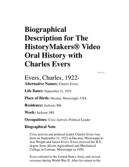 Biographical Description for the Historymakers® Video Oral History with Charles Evers