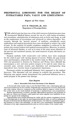 Prefrontal Lobotomy for the Relief of Intractable Pain; Value and Limitations