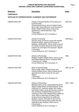 LONDON METROPOLITAN ARCHIVES Page 1 DRIVERS JONAS and COMPANY {CHARTERED SURVEYORS}