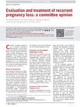 Evaluation and Treatment of Recurrent Pregnancy Loss: a Committee Opinion