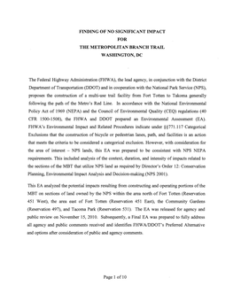 FINDING of NO SIGNIFICANT IMPACT for the METROPOLITAN BRANCH TRAIL WASHINGTON, DC the Federal Highway Administration (FHWA)