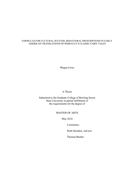 Behavioral Prescriptions in Early American Translations of Perrault’S Classic Fairy Tales