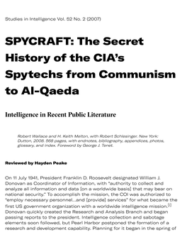 SPYCRAFT: the Secret History of the CIA’S Spytechs from Communism to Al-Qaeda