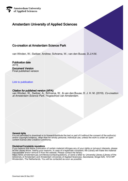 Co-Creation at Amsterdam Science Park Van Winden, W.; Switzer, Andrew; Schrama, W.; Van Den Buuse, D.J.H.M