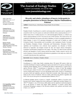 Diversity and Relative Abundance of Insects (Arthropoda) in Pumpkin Plantations in District Haripur, Khyber Pakhtunkhwa, Pakistan