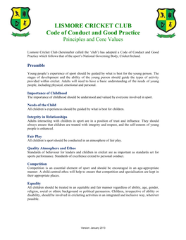 LISMORE CRICKET CLUB Code of Conduct and Good Practice Principles and Core Values