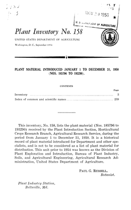 Plant Inventory No. 158 UNITED STATES DEPARTMENT of AGRICULTURE