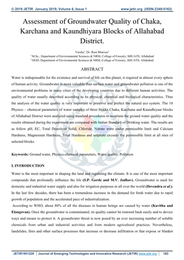 Assessment of Groundwater Quality of Chaka, Karchana and Kaundhiyara Blocks of Allahabad District